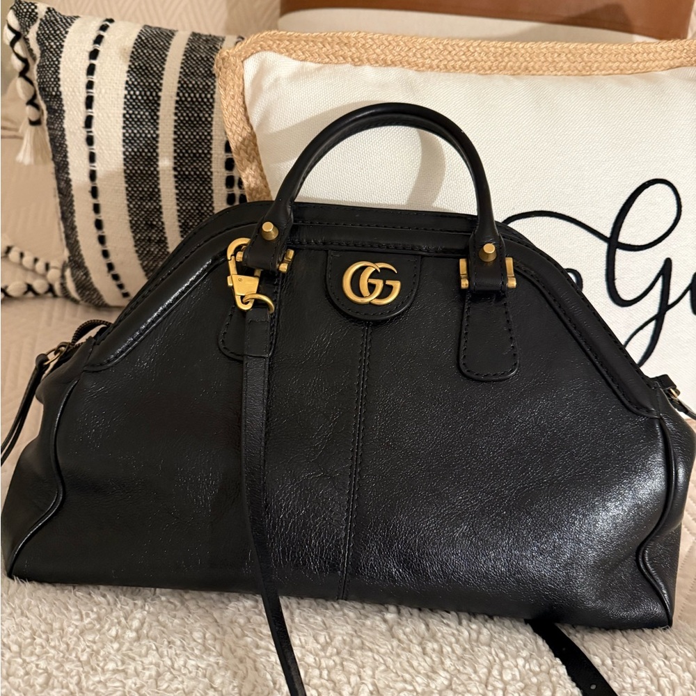 Gucci Black Leather Satchel with Gold Accents